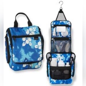 LL Bean Personal Organizer Toiletry Bag Blue Hibiscus Floral Hanging Travel Case